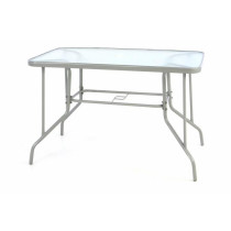 Kovový venkovní stůl se skleněnou deskou, šedý
