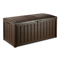 Velký plastový zahradní box, imitace dřeva, otevírací víko, hnědý, 128x65x61 cm