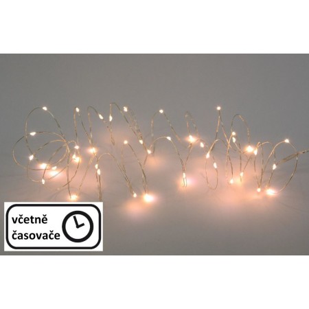 Vánoční LED světelný řetěz na drátku, teple bílé diody, časovač, 7,9 m