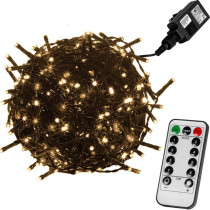 Vánoční LED řetěz blikající - 8 funkcí, venkovní / vnitřní, teple bílý, zelený kabel, ovladač, 5 m