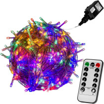 Vánoční LED řetěz blikající - 8 funkcí, venkovní / vnitřní, barevný, průhledný kabel, ovladač, 5 m