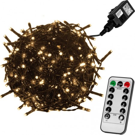Vánoční LED řetěz blikající - 8 funkcí, venkovní / vnitřní, teple bílý, zelený kabel, ovladač, 60 m