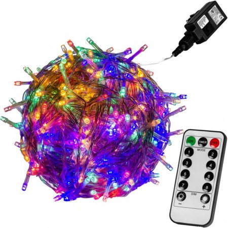Vánoční LED řetěz blikající - 8 funkcí, venkovní / vnitřní, barevný, průhledný kabel, ovladač, 10 m