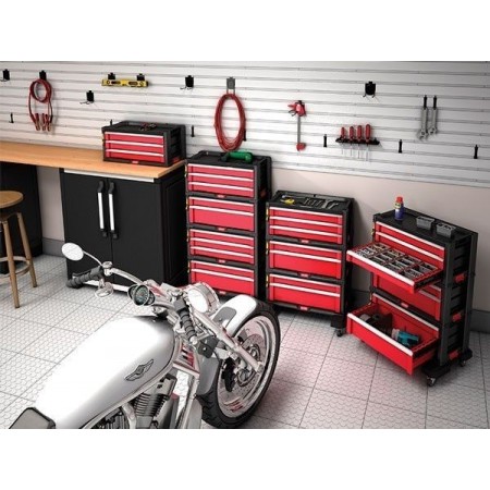 Zásuvkový úložný systém do garáže / dílny, 5 zásuvek, červená / černá, 56x29x50cm