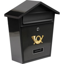 Kovová poštovní schránka nástěnná, práškový lak, se stříškou, černá, 38 cm