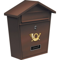 Kovová poštovní schránka nástěnná, práškový lak, se stříškou, hnědá, 38 cm
