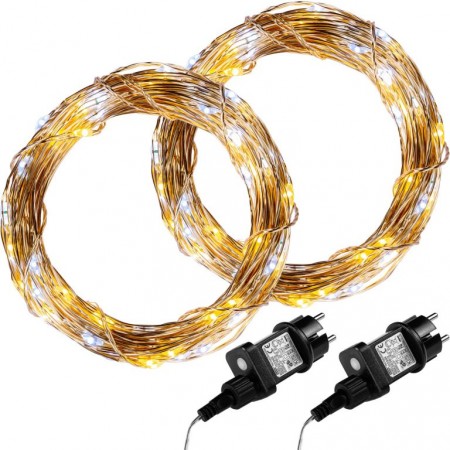 2x vánoční světelný řetěz venkovní / vnitřní - drátek s LED diodami, teple / studeně bílá, 100 LED, 10 m