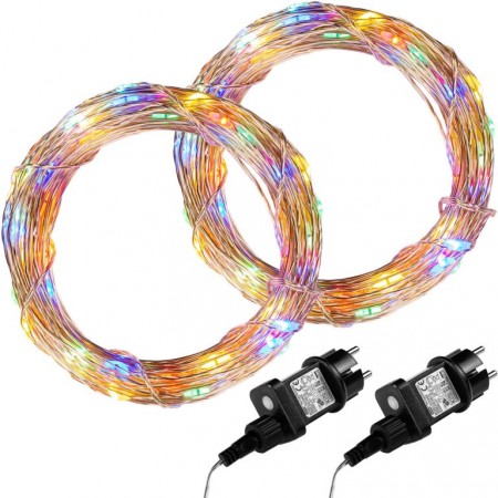 2x vánoční světelný řetěz venkovní / vnitřní - drátek s LED diodami, barevná, 100 LED, 10 m