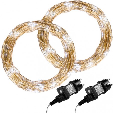 2x vánoční světelný řetěz venkovní / vnitřní - drátek s LED diodami, studeně bílá, 100 LED, 10 m