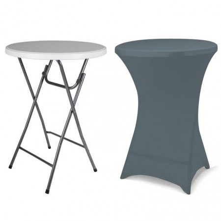 Skládací párty stolek ke stání, designový elastický potah, šedý, výška 110 cm