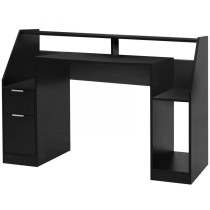 Černý PC stůl s přihrádkami a poličkami, vyvýšené místo na monitor, 123x55x90 cm