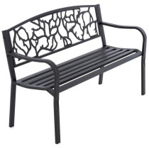 Kovová zahradní lavička trojsedák v retro stylu, zdobené opěradlo, černá, 127 cm