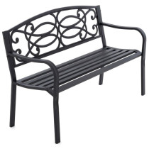 Černá kovová venkovní lavička na zahradu / před dům, zdobená opěrka, 127 cm