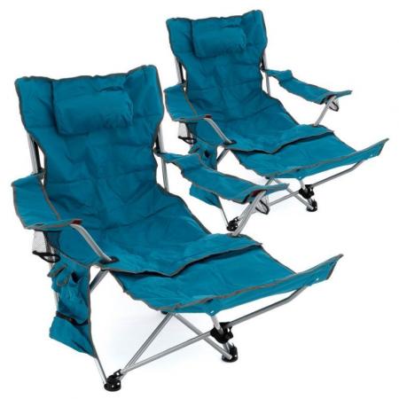 2x kempingová židle / lehátko 2v1, odnímatelná podložka nohou, modrá