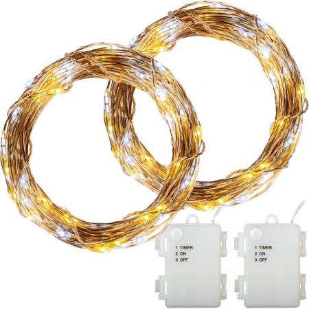 2x světlený drátek s LED diodami venkovní + vnitřní, IP44, teple / stud. bílá, 10 m
