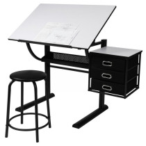 Levný psací / kreslící stůl s naklápěcí deskou, taburetem a šuplíky, černý, 90x75,5x60 cm