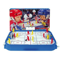 Dětský stolní hokej s hráči ovládanými táhly, v krabici 53x30,5x7 cm