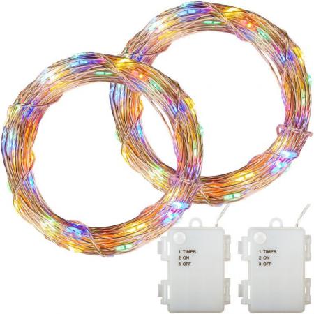 2x vánoční řetěz venkovní + vnitřní- drátek s barevnými led diodami na baterie, časovač, 10 m