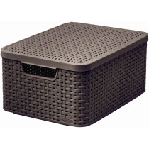 Plastový úložný box do domácnosti s víkem, umělý ratan, prodyšný, tmavě hnědý, 18L, 39x19x29 cm