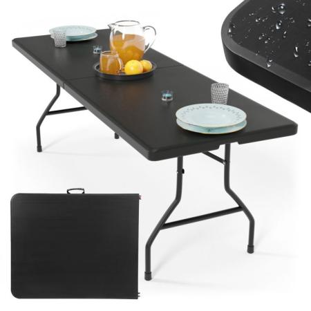 Bytelný masivní venkvoní skládací stůl pro 8 osob, kov + plast, černý, 183 cm, do 150 kg
