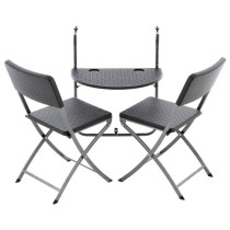 Set nábytku na balkon- stolek k zavěšení na zábradlí + 2 židle, kov + umělý ratan, černý