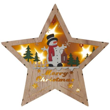 Dřevěná vánoční hvězda k postavení do bytu, vyřezávaný motiv sběhulák, teplá bílá, na baterie, 30 cm