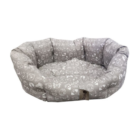 Oválný pelíšek s vysokým okrajem pro psa šedý s obrázky psů, pratelný, 65x50 cm