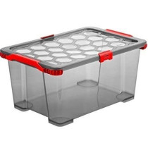 Velký plastový úložný box do domácnosti / dílny / sklepa, kouřový + červený, 65 L