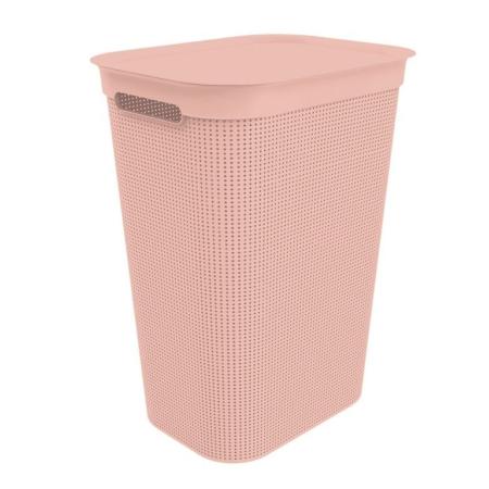 Vysoký prádelní koš do koupelny, s víkem a malými otvory, plast, růžový, 43x34x53 cm