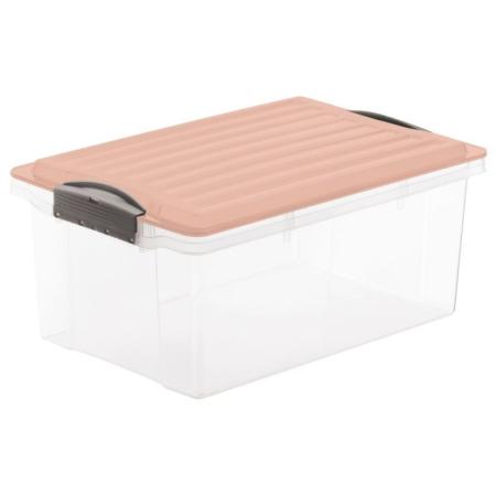 Úložný plastový box do domácnosti, víko s klipy, transparentní / růžová, 13 L