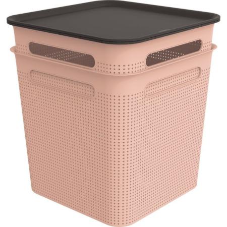 2x velký úložný plastový box s víkem čtvercový 18 L, děrovaný, růžový