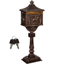 Venkovní poštovní schránka na stojanu starožitný vzhled, bronz vzhled, 118 cm