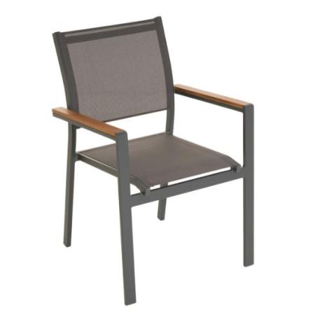 Pevná pevná stohovatelná židle hliník + umělá textilie + dřevěné područky, šedá / hnědá