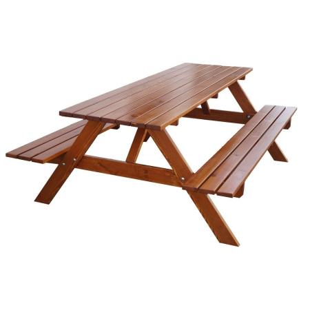 Dřevěný piknikový set venkovní stůl spojený s lavicemi, lakovaný, 200 cm