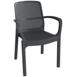 Tmavě šedé plastové moderní venkovní křeslo stohovatelné, prodyšný sedák a opěradlo