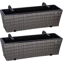 2x ratanový truhlík na zábradlí šedý, vnitřní plastová vložka, 60 cm