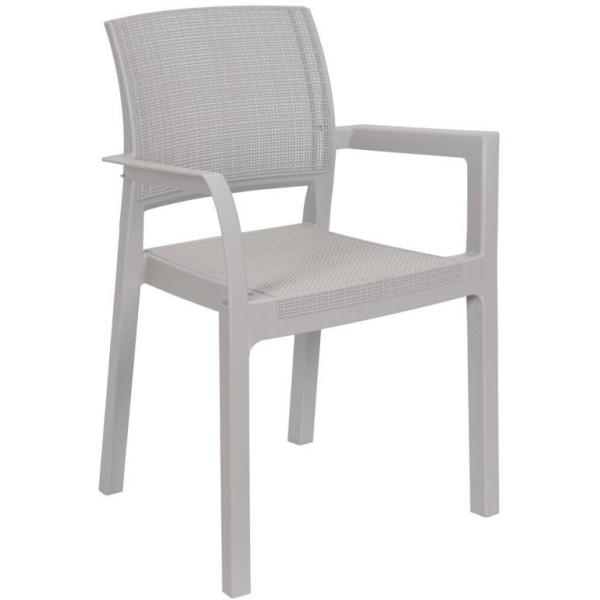 Světle šedé zahradní křeslo s područkami, sedák + opěrka vzhled látky
