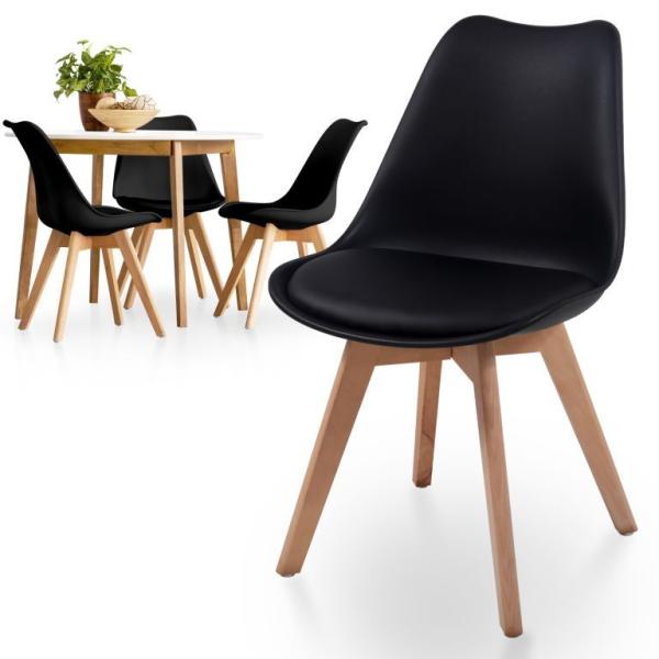4x skandinávská židle plast + dřevěné nohy buk, černá / hnědá