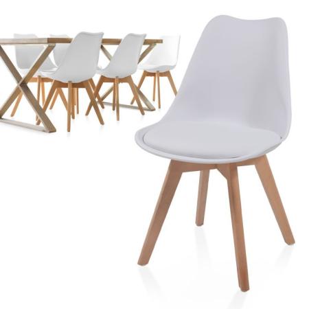 6x bílá jídelní židle plast / dřevo ve skandinávském vzhledu, čalouněný sedák