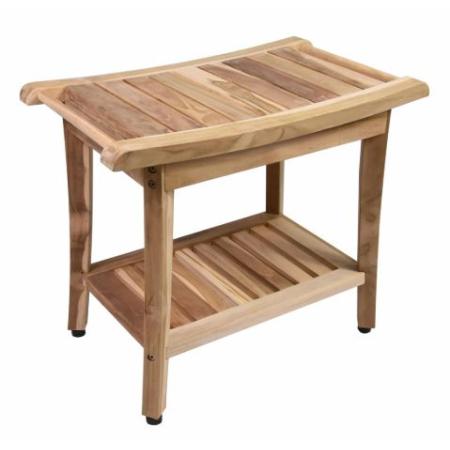 Malá dřevěná teaková stolička s prohnutým sedákem a poličkou