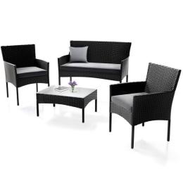 Černý ratanový set pro 4 osoby na zahradu / terasu, křesla + pohovka + stolek