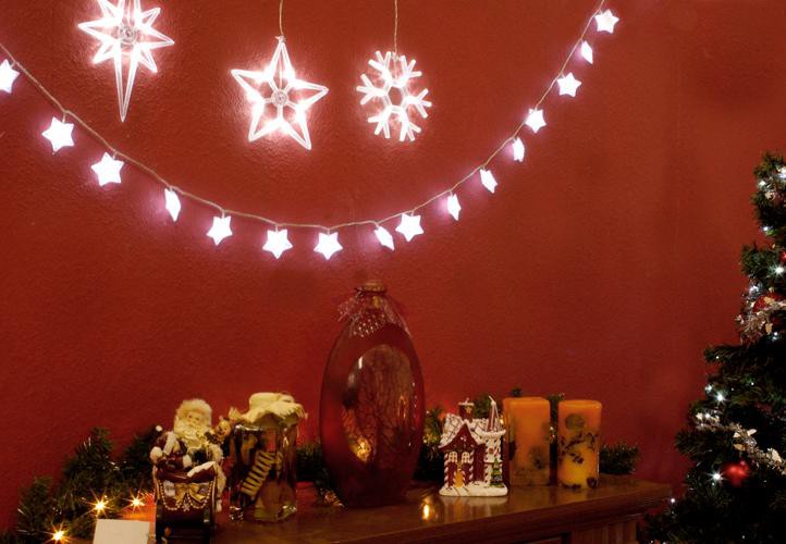 Vánoční svítící výzdoba na okno s LED diodami, vločky, hvězdy, 3 ks