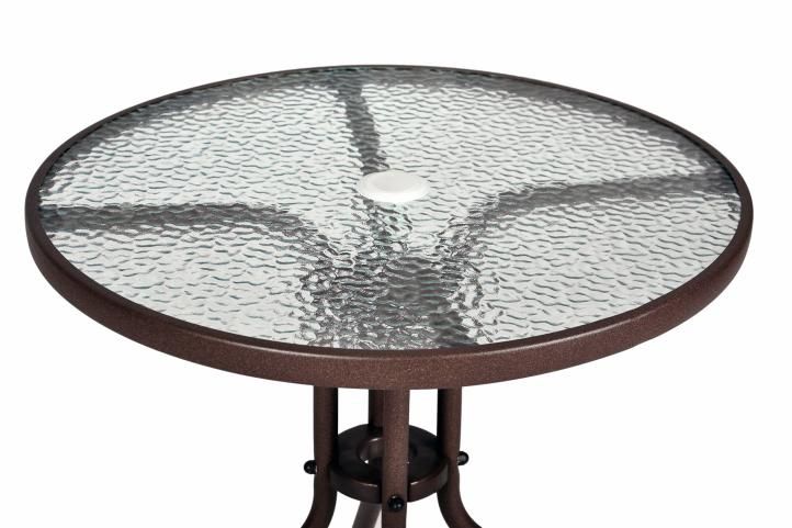 Kovový venkovní stolek kulatý, otvor pro slunečník, hnědý