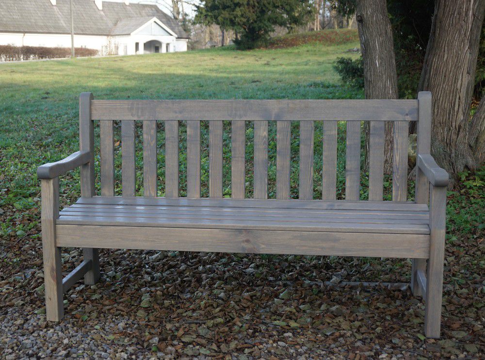 Pevná zahradní lavice pro 3 osoby, masivní dřevo, šedá, 150 cm