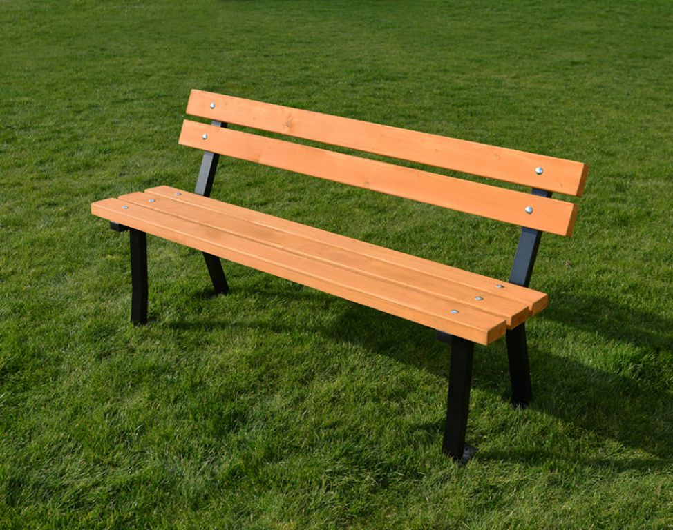 Pevná parková / zahradní lavička s opěradlem, ocel / dřevěné fošny, 150 cm