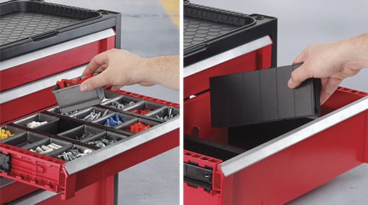 Zásuvkový úložný systém do garáže / dílny, 3 zásuvky, červená / černá, 56x29x26cm