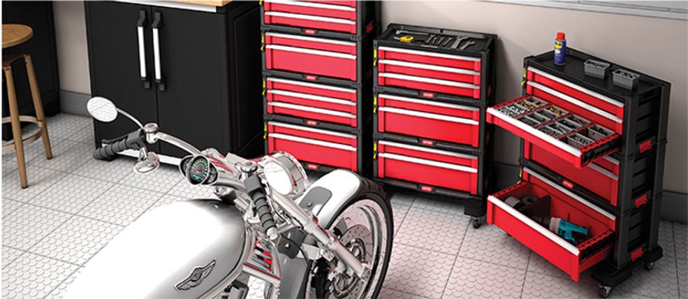 Zásuvkový úložný systém do garáže / dílny, 5 zásuvek, červená / černá, 56x29x50cm