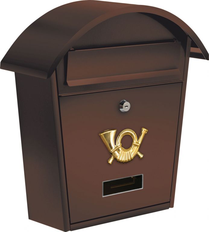 Kovová poštovní schránka nástěnná, práškový lak, oblá stříška, hnědá, 38 cm