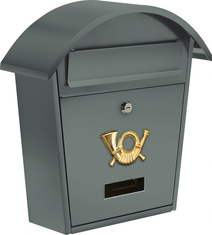 Kovová poštovní schránka nástěnná, práškový lak, oblá stříška, šedá, 38 cm