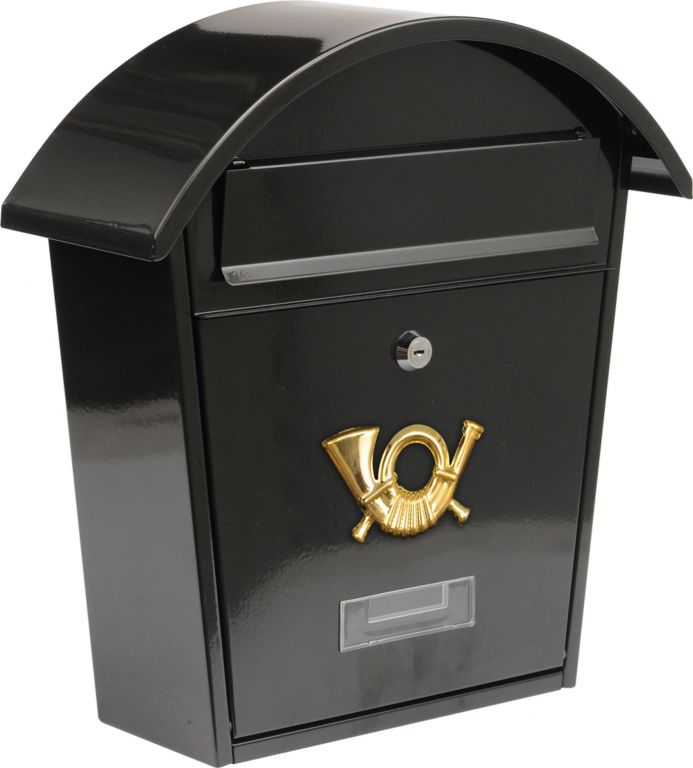 Kovová poštovní schránka nástěnná, práškový lak, oblá stříška, černá, 38 cm